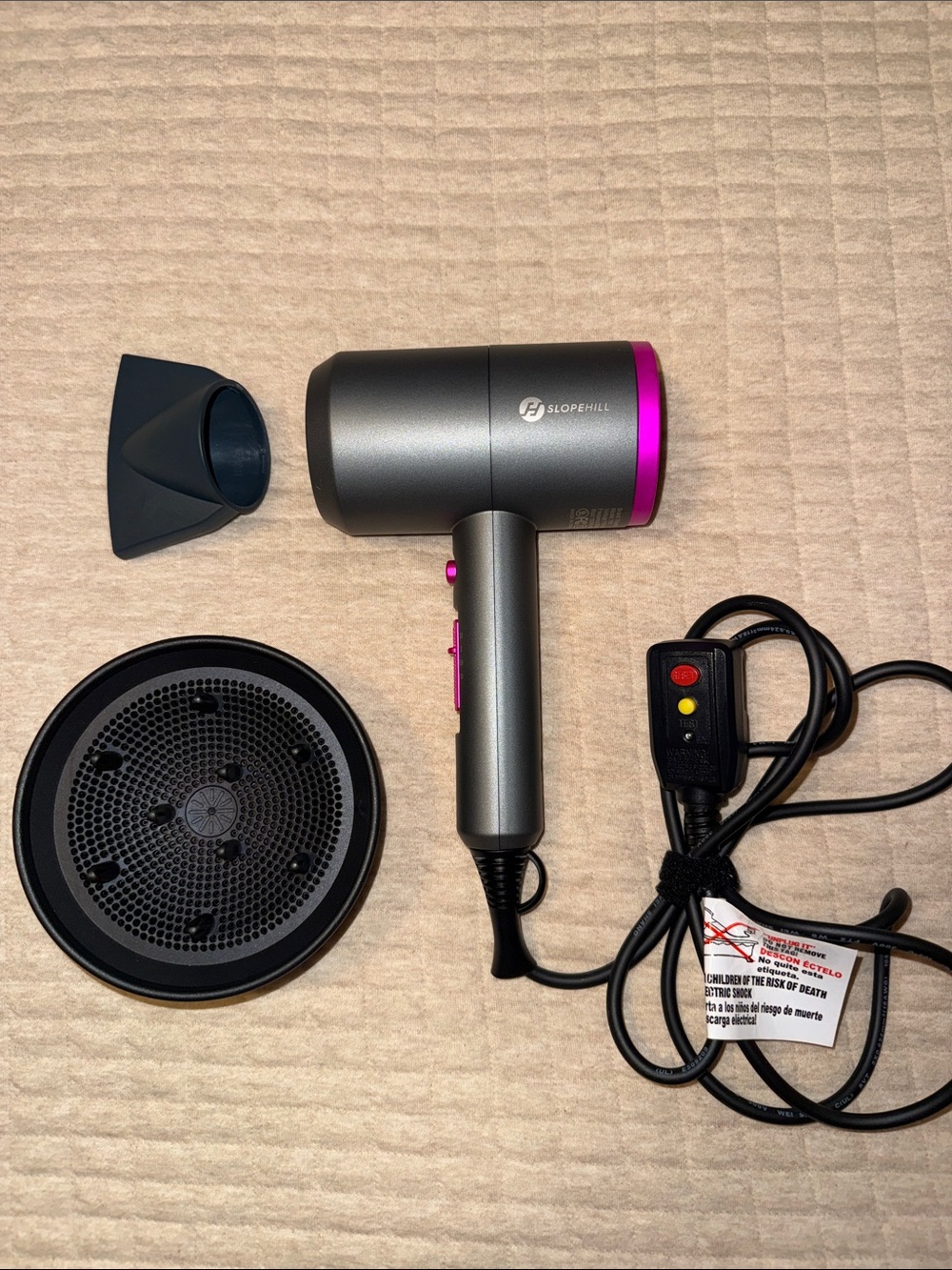 Slopehill Hair Dryer with Diffuser & Attachments Gray and Pink Travel Size